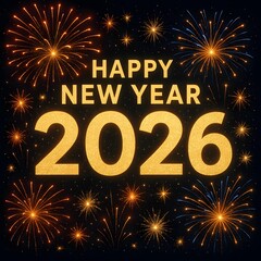 Happy New Year 2026 Fireworks Celebration Sparkling Golden Text and Festive Night Sky Design