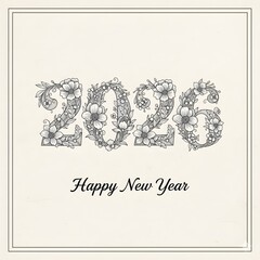 Ornamental New Year “2026” artwork decorative number typography with detailed flowers, branches, and leaves, clean monochrome composition, elegant nature-inspired greeting poster.