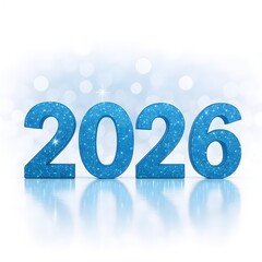 Sparkling Blue 2026 New Year Numbers on Reflective Surface with Glowing Lights and Bokeh Background Isolated