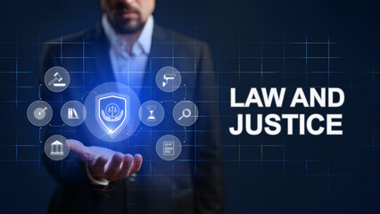 Focus on law and justice with digital symbols representing legal concepts and values