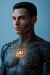 Modern vision of a future human — a fusion of flesh and technology. Artificial intelligence integrated into the body. Symbol of digital evolution and conscious transformation.