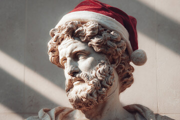 Ancient Greek male sculpture wearing red Santa hat celebrating Christmas	