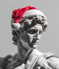 Ancient Greek male sculpture wearing red Santa hat celebrating Christmas	
