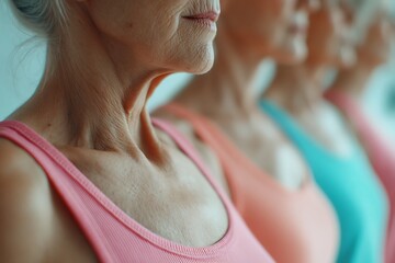 Authentic Aging Diversity: Close-up of senior women in fitness wear, highlighting the natural lines of aging skin and promoting authentic representation and age diversity in wellness imagery.