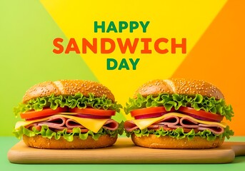 Two delicious sandwiches celebrate the happy sandwich day on a wooden board
