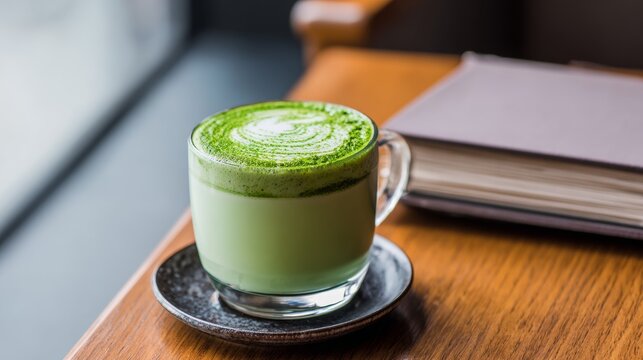 Creamy green matcha latte with high L-theanine content in modern cafe setting for relaxation and stress-free moments