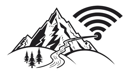 Mountain landscape with river and trees combined with wifi symbol in a black and white vector graphic vreated with genrated ai
