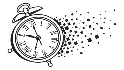 Vintage alarm clock with roman numerals and dissolving pixel effect in black and white illustration vreated with genrated ai
