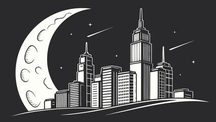 Illustration of a cityscape at night with a large moon and shooting stars in a black and white style vreated with genrated ai