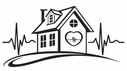 Illustration of a house with a heart symbol and a heartbeat line on each side in black and white style vreated with genrated ai