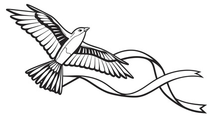 Illustration of a dove in flight with detailed wings and a flowing ribbon in black and white style vreated with genrated ai