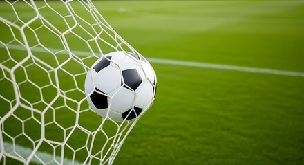 Soccer ball caught in the net on a green field with white lines football goal
