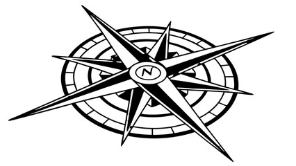 Detailed black and white compass rose with an inner circle and eight points indicating direction on white vreated with genrated ai