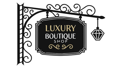 Illustration of a luxury boutique shop sign with a diamond pendant and ornate metalwork design vreated with genrated ai