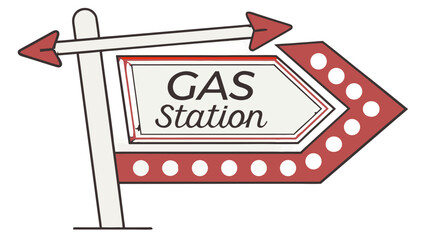 Illustration of a gas station sign with arrows and the words gas station in black lettering vreated with genrated ai