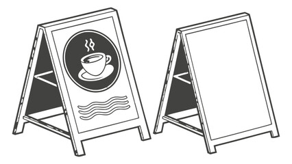 Two sandwich boards one with a coffee cup and steam and the other is blank standing side by side on floor vreated with genrated ai