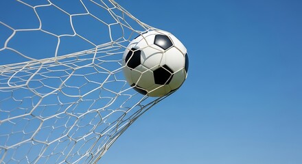 Fototapeta premium Soccer ball in net against clear blue sky football goal