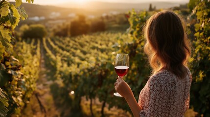 Beautiful sunset view over vineyard with woman enjoying glass of red wine
