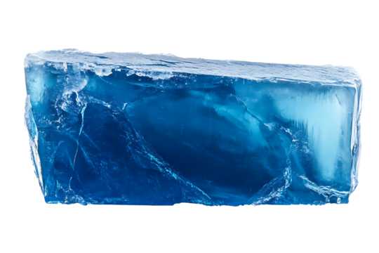 A large, beautifully textured, and fractured piece of bright blue ice block or iceberg, showing coldness, purity, and frozen natural element isolated on transparent background