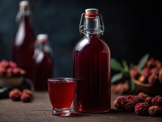 Deep Red Korean Raspberry Fruit Liquor In Glass Surrounded By Fresh Berries
