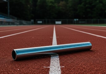 Lightweight metallic cylinder used in athletic relay races resting horizontally on a rubberized track surface ,horizontal ,race ,track