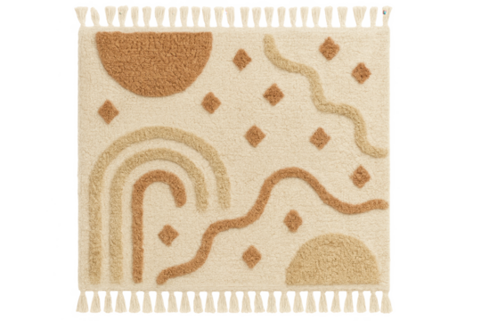 Boho tufted rug with abstract geometric pattern and tassels