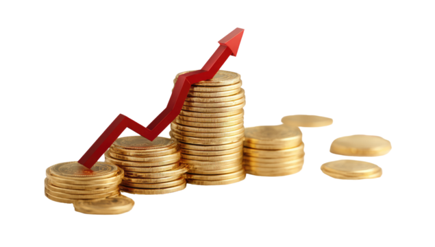 Gold coins stacked in increasing columns, topped by a rising red arrow