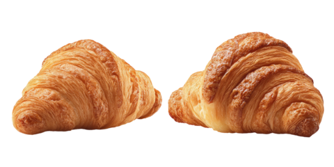 Two golden-brown croissants, a light golden-tan hue, with a slightly flaky, layered appearance.  Each croissant is  a rich,  slightly rounded shape, featuring numerous visible folds and ridges