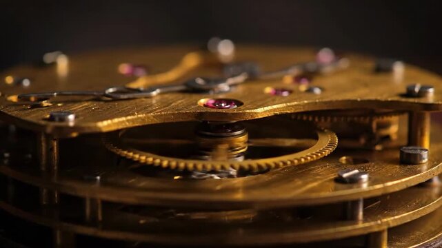 Intricate Clockwork Mechanism - Close-Up of Gears and Springs in a Vintage Timepiece.