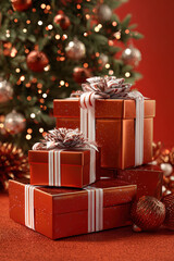 Stack of Christmas presents with ribbons on red background	
