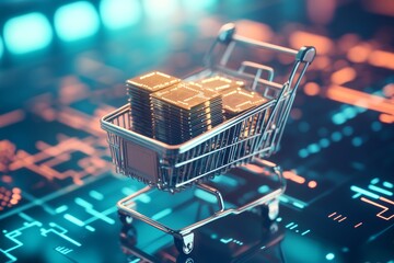 Digital Commerce: Shopping Cart Filled with Computer Microchips on Tech Background