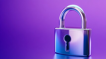 Digital security padlock concept on vibrant purple gradient background with copy space