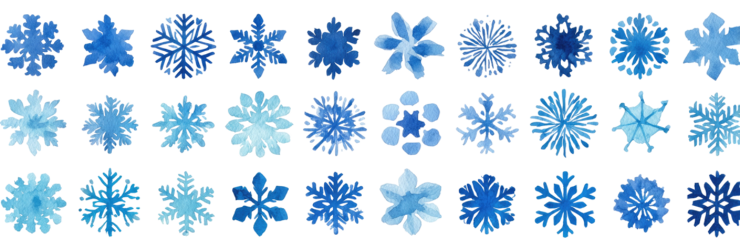 Many unique, stylized, blue snowflakes