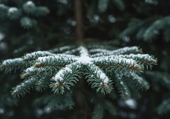 Lush evergreen fir branches dusted with soft, fresh snow, capturing the serene and crisp essence of the winter season ,wintry ,branch ,tree