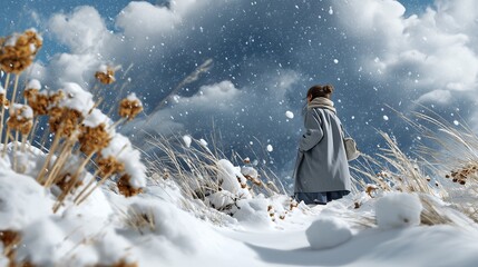 Woman in grey coat walking in snowy landscape under dramatic clouds.