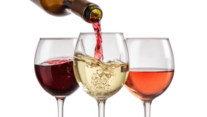 Wine being poured into three glasses.  Red, white, and ros?
