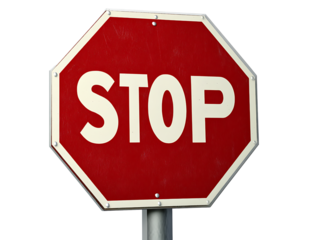A clean and detailed close-up of a vibrant red octagonal stop sign with white bold text mounted on a sturdy pole for traffic regulation and road safety isolated on transparent background