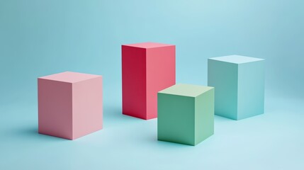 Obraz premium Abstract arrangement of multicolored geometric blocks floating in chaotic disorder against a dark background with clean lines