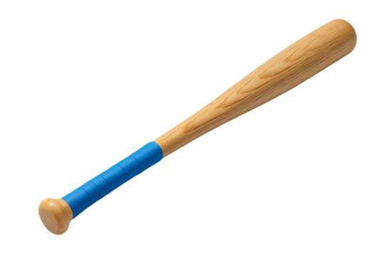 A natural wood-colored baseball or softball bat with a bright blue grip tape on the handle, ready for a game or sports-related activity isolated on transparent background