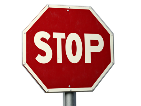 A clean and detailed close-up of a vibrant red octagonal stop sign with white bold text mounted on a sturdy pole for traffic regulation and road safety isolated on transparent background - Powered by Adobe