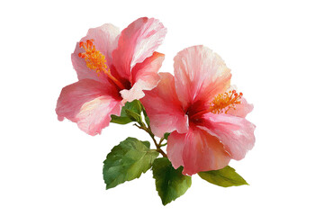 Two delicate pink hibiscus flowers with soft shading and subtle highlights, sit atop a dark background.  Detailed petals and centers, and visible green leaves.  Floral