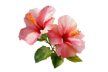 Two delicate pink hibiscus flowers with soft shading and subtle highlights, sit atop a dark background.  Detailed petals and centers, and visible green leaves.  Floral