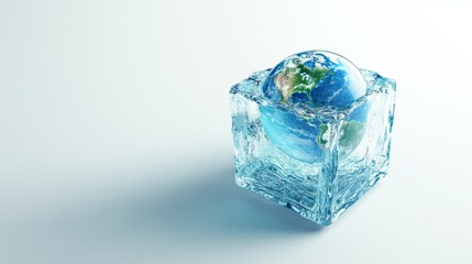 Earth Enclosed in Melting Ice Block on Clean White Background Representing Global Warming Crisis