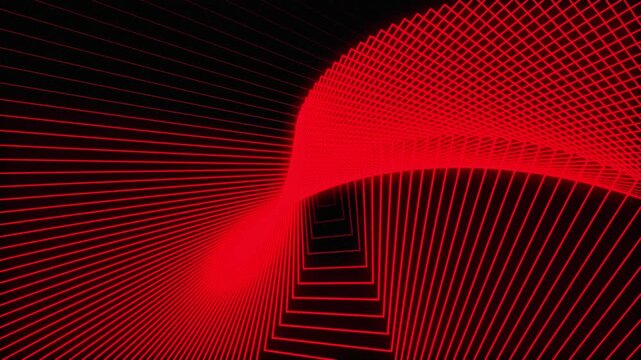 Glowing red line wireframe grid retro twisting into a futuristic tunnel, seamless loop motion background animation