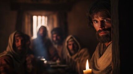 Jesus calls Matthew the tax collector, holding a candle that shines through the darkness, as weary sinners sit in silence and light falls on Matthew’s astonished face.