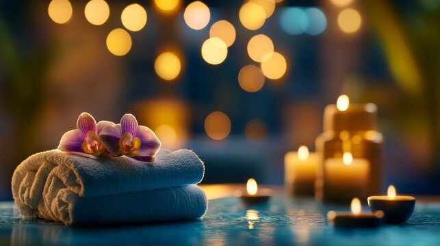 Elegant Spa Retreat: Orchids, Towels, and Warm Candlelight Reflections