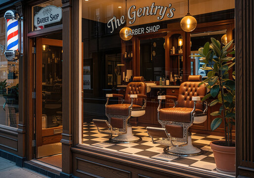 Barbershop storefront with barber seats for grooming service menus and appointment booking ads, useful for price list boards or gift card offers