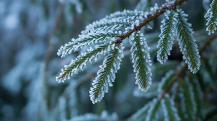 Close-up of frosted evergreen branch covered in ice crystals a winter season nature scene