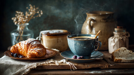 Fototapeta premium Morning breakfast scene with tea and coffee cups beside croissants