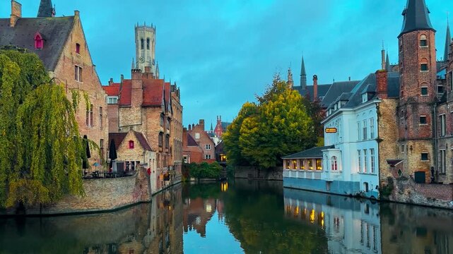 Medieval architecture on the autumn streets of historic center of Bruges, Belgium, October 20, 2025. High quality 4k footage